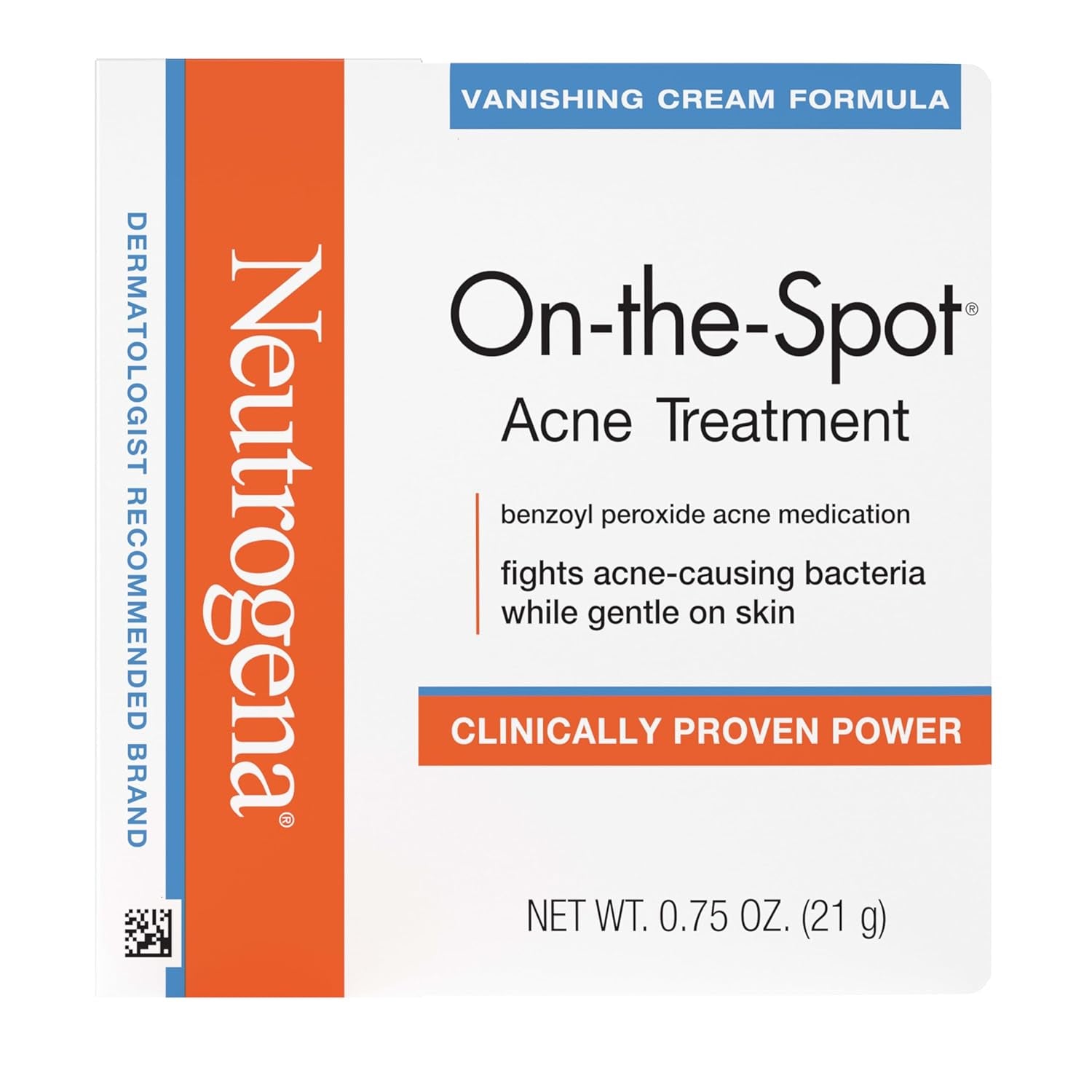On-The-Spot Acne Spot Treatment Cream with 2.5% Benzoyl Peroxide, Gentle Face Blemish Medicine for Acne-Prone Skin, Vanishing Formula, Clinically Proven Day-1 Results, 0.75-Ounce Tube